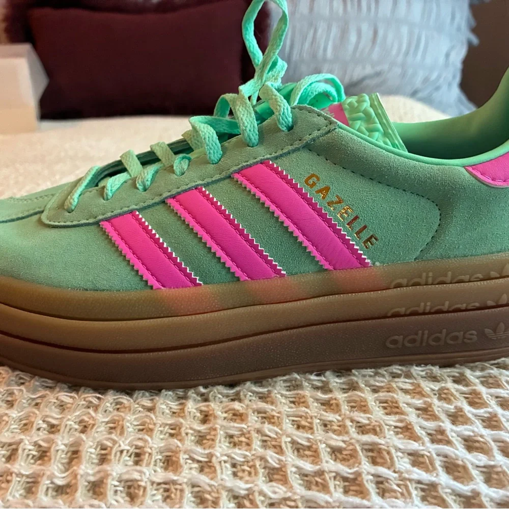adidas mint green suede sneakers with pink stripes and gum platform